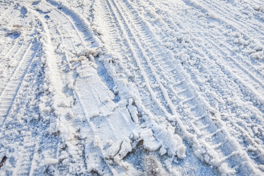 Winter Snow Tire Marks On The Road