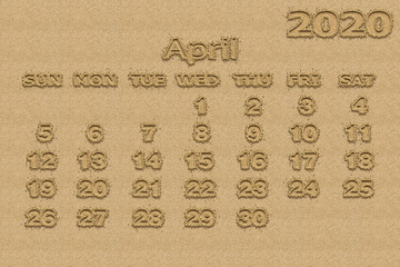 Calendar 2020 template logo with sand design on the sand background with Place for Photo and Company Logo. Formseparate month. Week starts on Sunday.