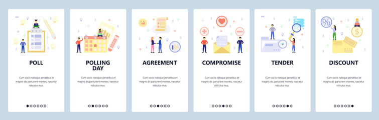 Mobile app onboarding screens. Calendar, poll list, business deal, agreement, tender, compromise. Menu vector banner template for website and mobile development. Web site design flat illustration