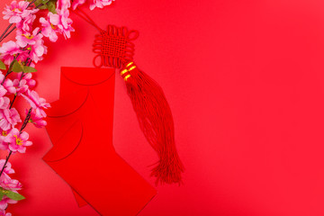 Fototapeta premium Flat lay of accessories Chinese new year 2020 and decorations Lunar new year festival concept background. Overhead, top view. Copy space, template mockup