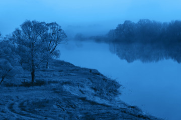 Beautiful foggy landscape. Classic blue 2020.