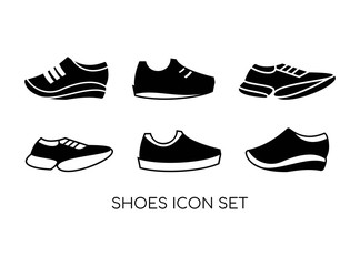 Set of Shoe Icon with Black Modern Concept Isolated on White Background. Consist of Six Shoe Icon Image. Suitable for Sport, Fashion Symbol and more. Vector Illustration