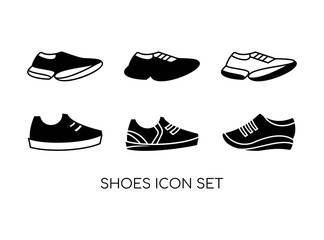 Set of Shoe Icon with Black Modern Concept Isolated on White Background. Consist of Six Shoe Icon Image. Suitable for Sport, Fashion Symbol and more. Vector Illustration