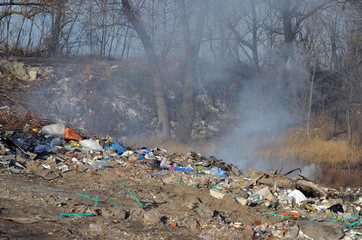 Nature near Ukrainian capital. Trash burning. Air pollution. Environmental contamination. Illegal junk dump. Near Kiev, Ukraine
