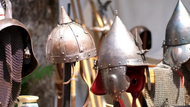 close-up, knight's helmets, chain mail, armor.