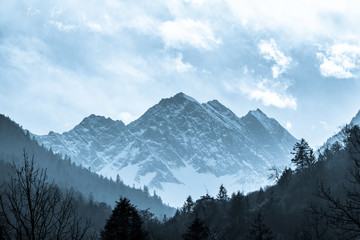 Morning landscape of the mountains in Sichuan province, China. Snowy peaks and frozen dawn sky. View from behind the naked trees. - obrazy, fototapety, plakaty