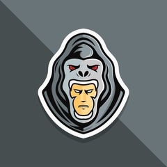a man head on Gorilla mask mascot sport logo, emblem, illustration