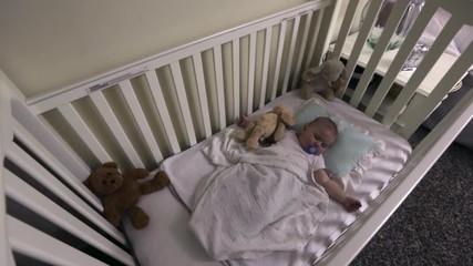 Reveal of cute baby sleeping in crib with pacifier and stuffed animal