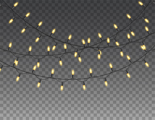 Christmas lights isolated realistic design elements. Glowing lights for christmas Holiday greeting card design. Garlands, Christmas decorations