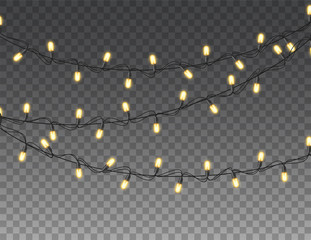 Christmas lights isolated realistic design elements. Glowing lights for christmas Holiday greeting card design. Garlands, Christmas decorations