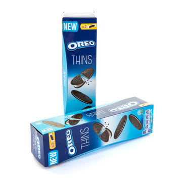 Two Boxes Of Oreo Thins Biscuits On A White Background