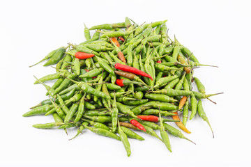 A fresh mixed of green and red hot and spicy bird-chilli isolated on white background