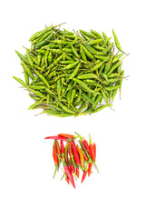 A group of red and green bird-chilli separated on white background