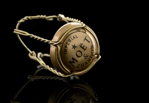 Wire Top From a bottle of Moet and Chandon Brut Imperial champagne on a black background