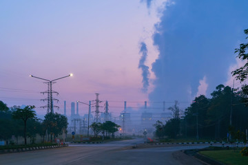 Mae Moh Coal Power Plant with smoke and toxic air from chimney. Factory industry. Electricity tower...