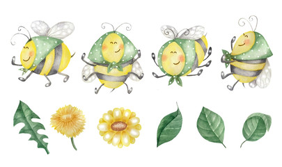 Bee characters and flowers