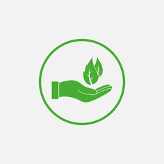 Leaf in hand icon. Vector illustration, flat design