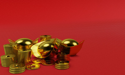 Golden coin and gold ingots of Chinese on red background  copy space in Happy chinese new year concept. 3D Rendering.