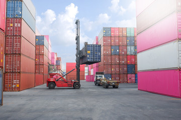 Logistics and transportation of harbor, container truck, container forklift, the concept of export and import in transportation