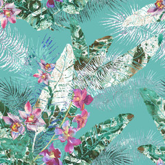 Decorative seamless pattern with banana leaves orchids and pinnate palm.Hand made elements .Collage  decoration illustration for fashion fabric design, wallpaper, background, wrapping paper,home decor