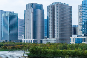 green trees front of modern glass office building