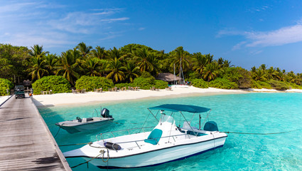 Fototapeta na wymiar Private jetty on pristine tropical beach