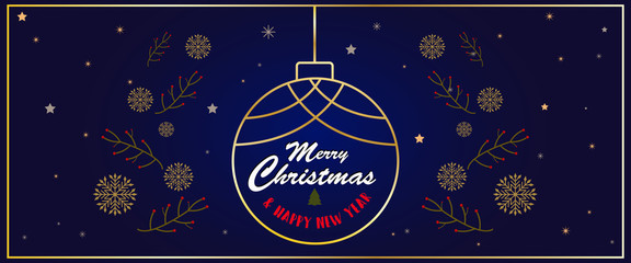 Naklejka premium Merry Christmas and Happy New Year banner design with Christmas ball and snowflakes on night sky background.