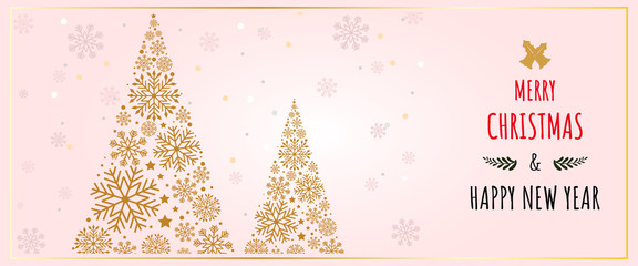 Merry Christmas and Happy New Year banner design with white and gold snowflakes.