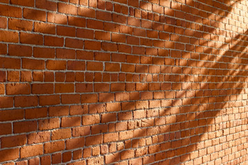 Angle view textured background of an old rough red clay brick wall with diagonally cast tree shadows from low angle sunlight