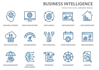 Business Intelligence icons set. Vector illustration. Editable stroke.