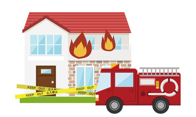 火事　家　消防車　消化 © mofuko