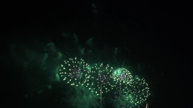 Multiple colorful fireworks bursts in the night sky.
