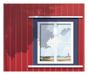 Vector illustration-Reflection of summer seaside or the beach with boat and lighthouse on the glass window.Tree shadow upon the wall.Red vine and classic blue color tone with noise and grainy.