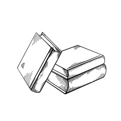 Sketch piles of books with hatching. Engraving black and white drawing. Knowledge and wisdom. Vector image for badges, cards, slides and your creativity.