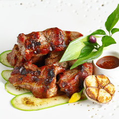 Dishes of traditional Russian cuisine. Restaurant serving. White background.