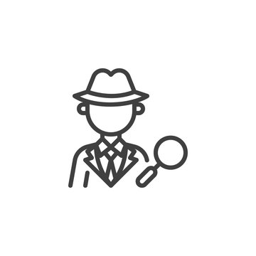 Private detective with Magnifying glass line icon. linear style sign for mobile concept and web design. Mysterious man avatar with magnifier outline vector icon. Symbol, logo illustration.