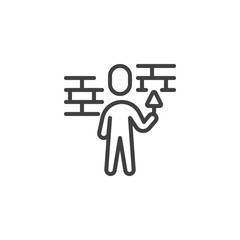 Obraz premium Repair man builder with a trowel line icon. linear style sign for mobile concept and web design. Construction worker with trowel plastering brick wall outline vector icon. Symbol, logo illustration