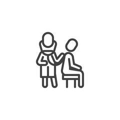 Doctor checking patient line icon. linear style sign for mobile concept and web design. Doctor with stethoscope and patient on chair outline vector icon. Symbol, logo illustration. Vector graphics