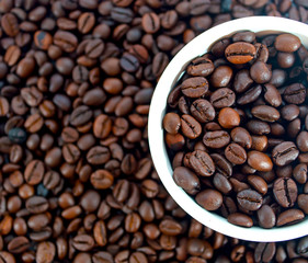 coffee bean in white cup and background