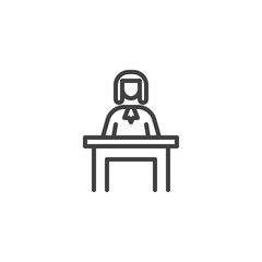 Judge sitting at the table line icon. linear style sign for mobile concept and web design. Judge man court worker outline vector icon. Justice and law symbol, logo illustration. Vector graphics
