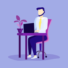 Business man working on a computer. A businessman is sitting on an armchair at an office table with a flowerpot. Cool vector flat illustration character design isolated on a blue background.