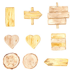 Watercolor wooden elements: saw cuts, wooden hearts, signs, pointers, perfect for labels, textures, invitations, cards and quotes in your design.