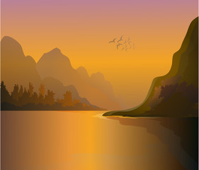 Golden sea and mountains.Vector landscape illustration.