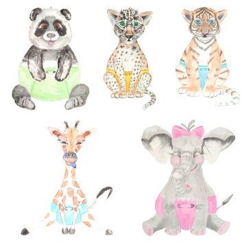 Watercolor cubs of african animals. The baby elephant, giraffe, panda, leopard, tiger cub are perfect for decorating a children's creative project. Invitations, postcards, textiles, photo albums.