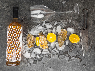 Oyster on ice, lemon slices, wine bottle and glass. Delicatessen and gourment food, rich in iodine, antioxidants, zinc