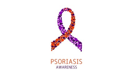 Psoriasis awareness ribbon animation. Psoriatic arthritis motion graphics of dots forming purple and orange bow. Immune  disease seen on skin. Medical concept.