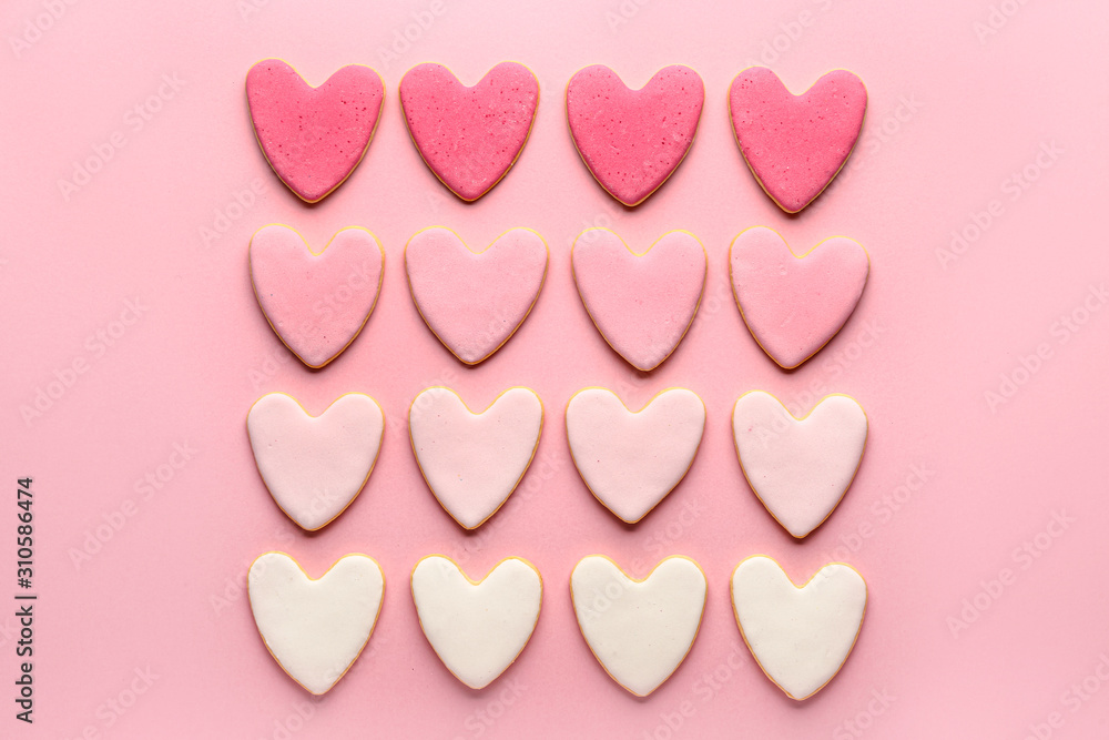 Wall mural Heart shaped cookies for Valentine's day on color background