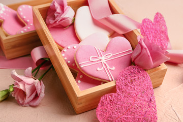 Tasty heart-shaped cookies on table. Valentines Day celebration