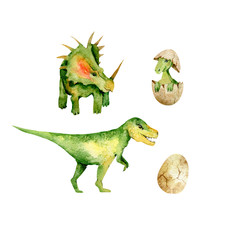 Dinosaur Watercolor Illustration Set Isolated on White Background