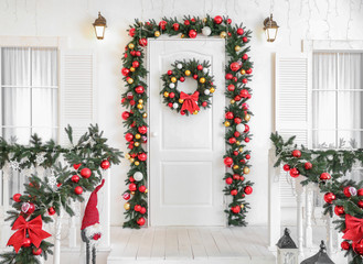Porch of house with beautiful Christmas decor